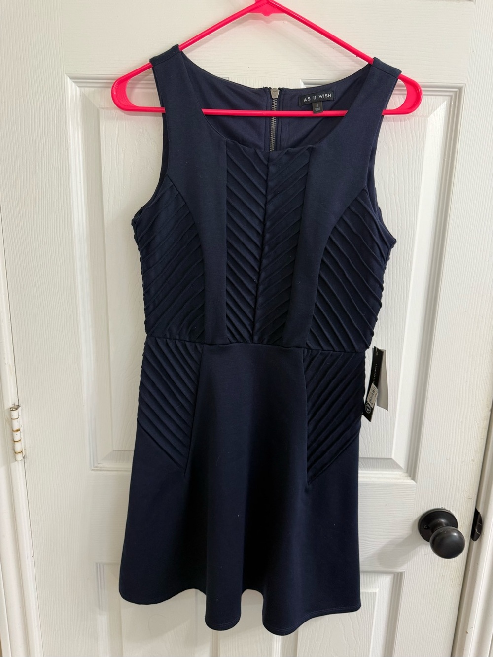 As U Wish Navy Textured Pleated Fit & Flare Dress